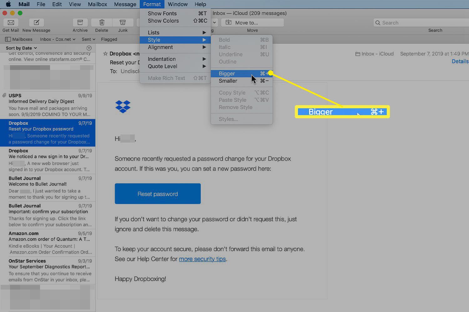 mac support for outlook font size changes
